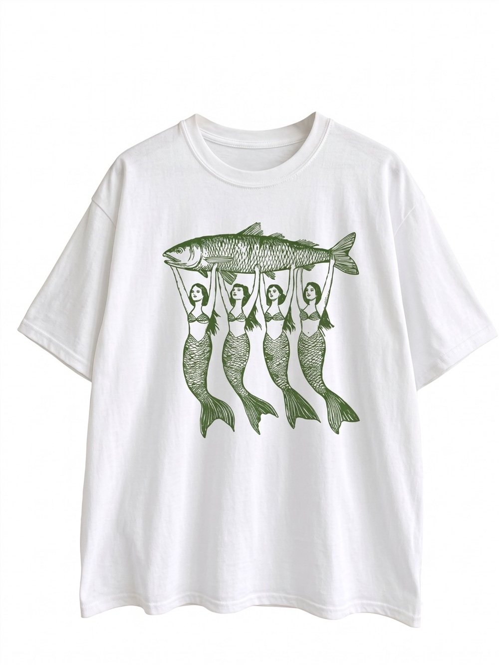 Mermaids Holding Giant Fish Quirky Nautical White T-Shirt